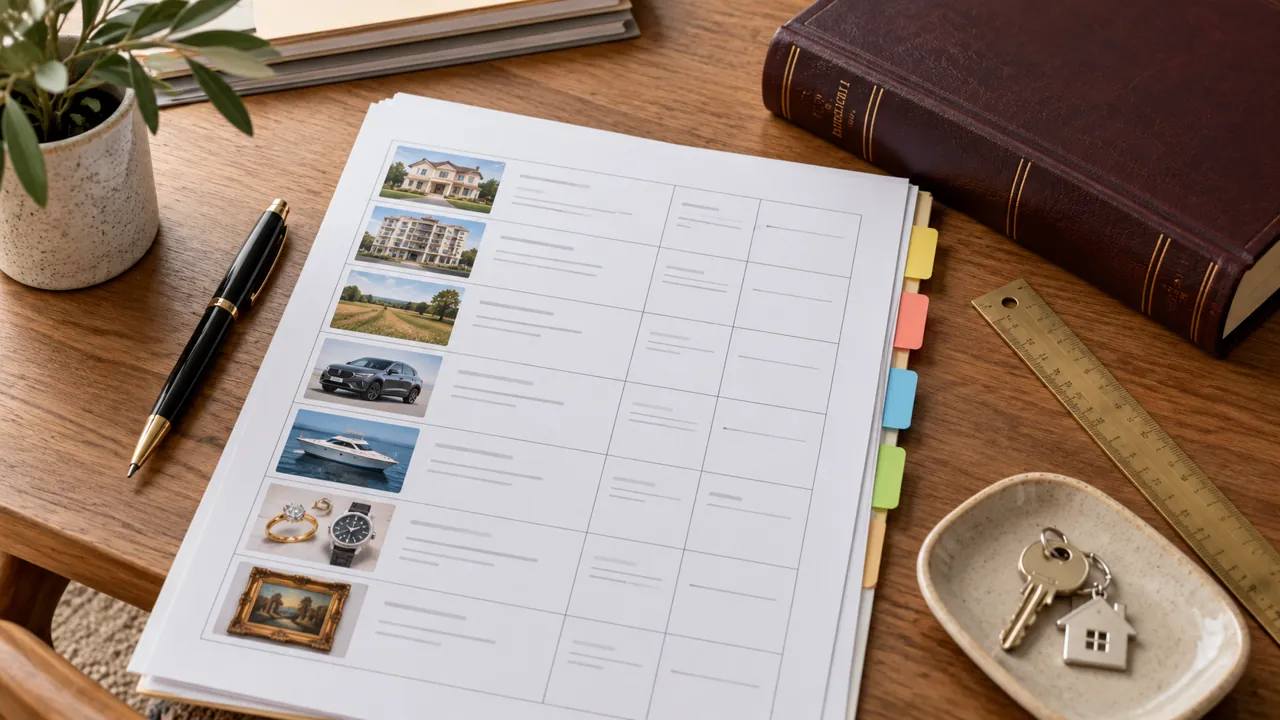 Inventario patrimonial con separadores, regla y libro jurídico en una mesa