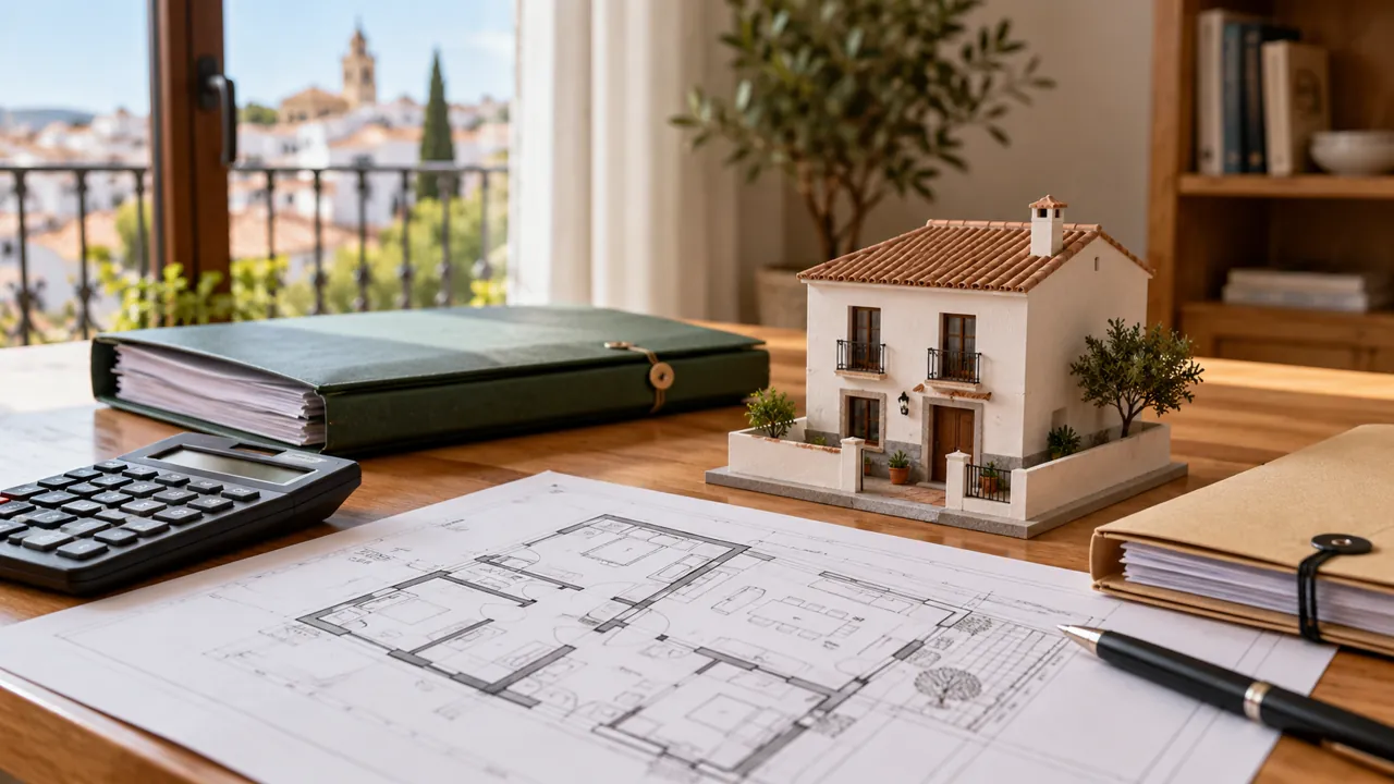 Modelo de una vivienda junto a un plano, carpetas y calculadora